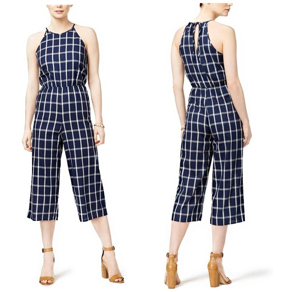 Maison Jules Window Pane Dark Navy Blue Tie Neck Jumpsuit Women's Size Med